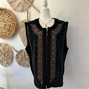 Vintage Bob Mackie Leather Vest faux fur Southwest Boho Embroidered Black 3X